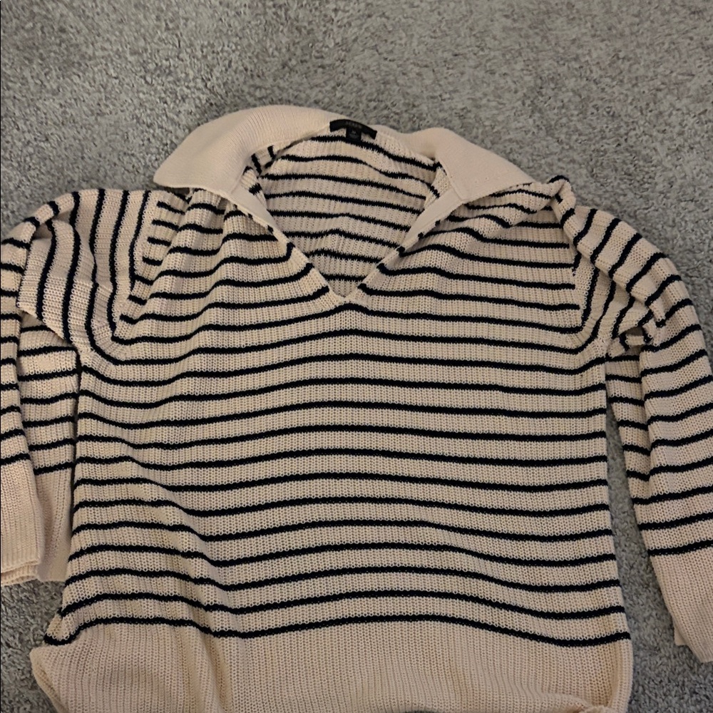 J. Crew Navy and Cream Striped Collared Sweater